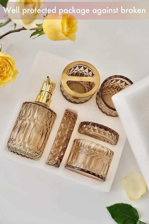 Brown Bathroom Accessories Set, Lotion Soap Dispenser, Toothbrush Holder Set - Image 6