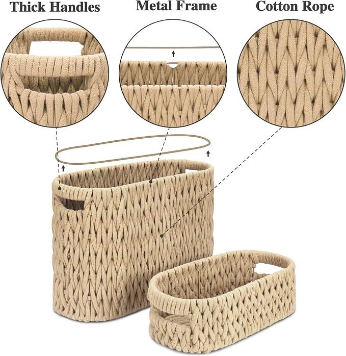 Boho Toilet Paper Storage Baskets, Cotton Rope Woven Bathroom Basket Set of 2 - Image 3