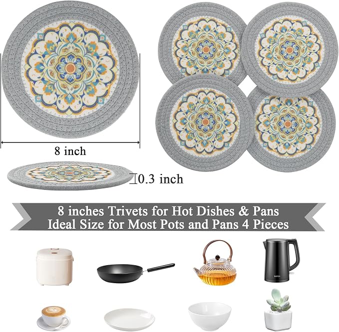 SHACOS 8 Inches Trivets for Hot Dishes, 4 Pieces Cotton and Felt Floral Pattern - Image 3