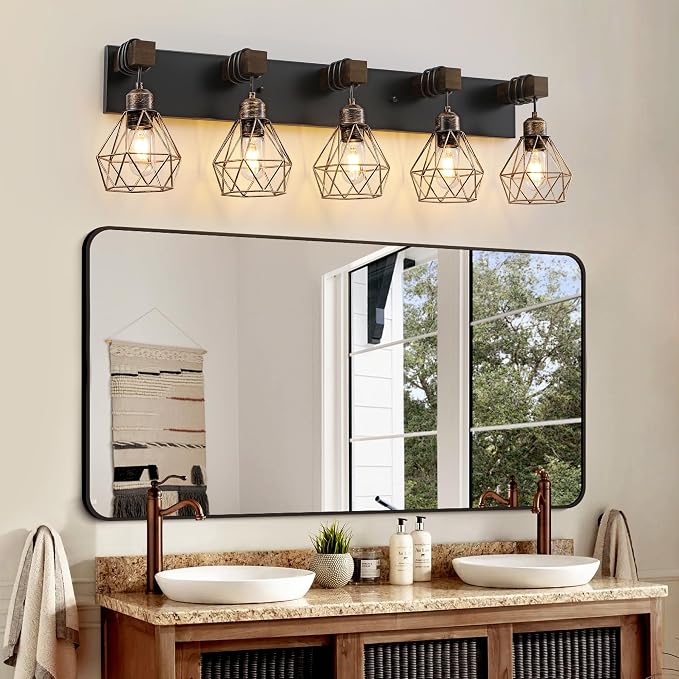 Farmhouse Bathroom Vanity Light Fixtures, 5-Light Wood Bathroom Light Fixtures - Image 2