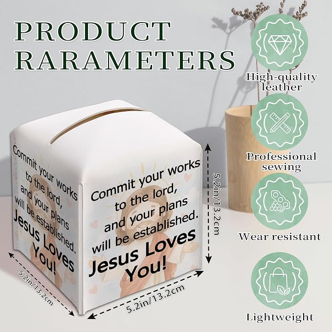 Christian Square Tissue Box Cover, PU Leather Drawstring Bottom - Image 2