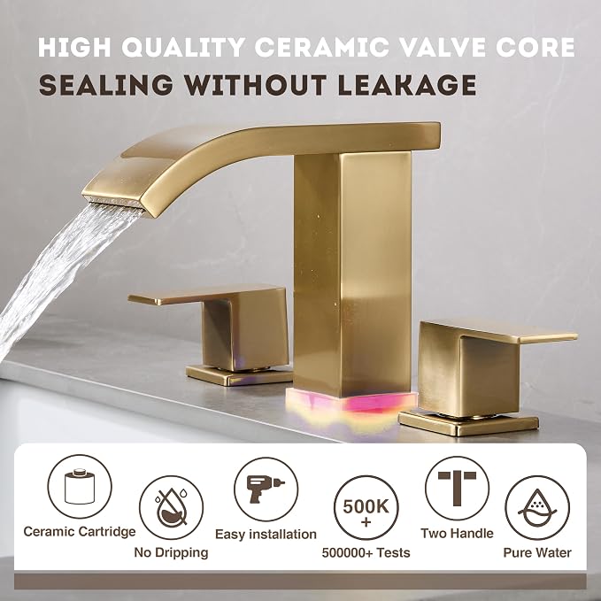 Brushed Gold Waterfall Bathroom faucets, 8 inch Widespread Modern Sink Faucet - Image 4