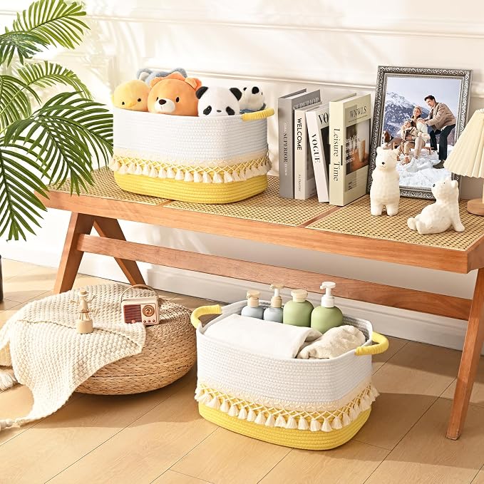 2 Pack Storage Basket for Shelves, Boho Cotton Rope Storage Bins - Image 2