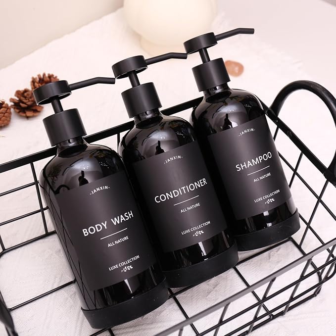 Shampoo and Conditioner Dispenser Set of 3, Refillable 21oz Shampoo Bottles - Image 3