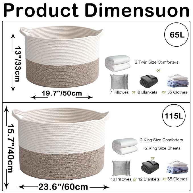 65L Large Blanket Basket, 19.7" L x 19.7" W x 13" H Rope Woven Baskets - Image 2