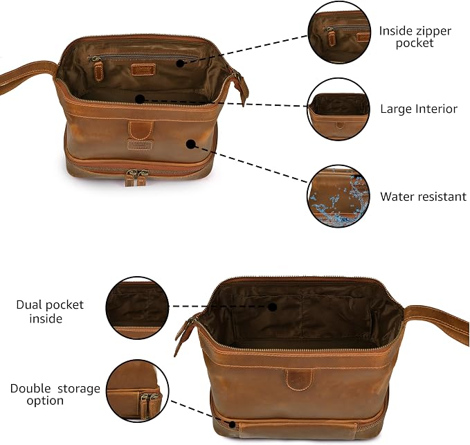 LEATHER VILLAGE Genuine Leather Dopp Kit – Large Travel Toiletry Bag - Image 4