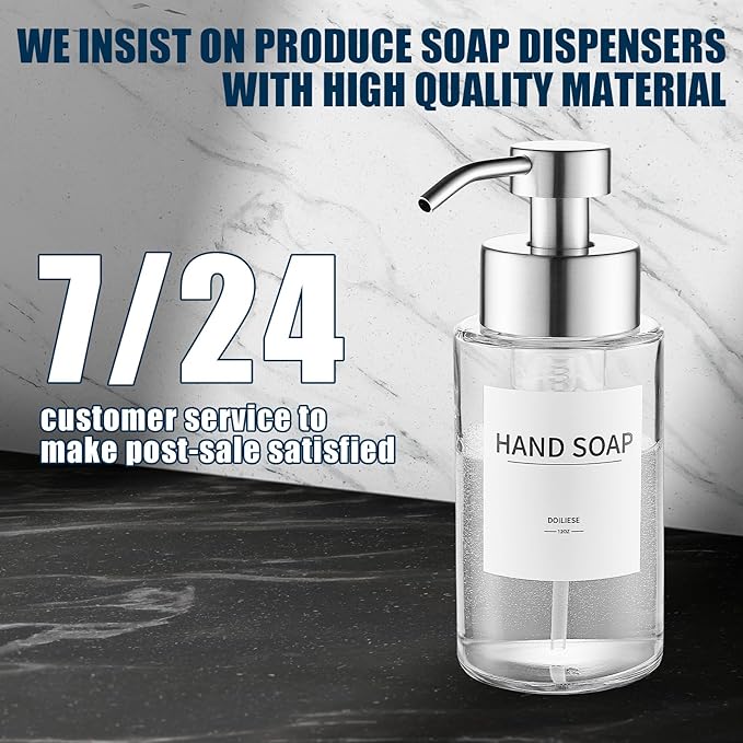 Doiliese Glass Foaming Hand Soap Dispenser, 10 oz Easy Refill Glass Soap - Image 7