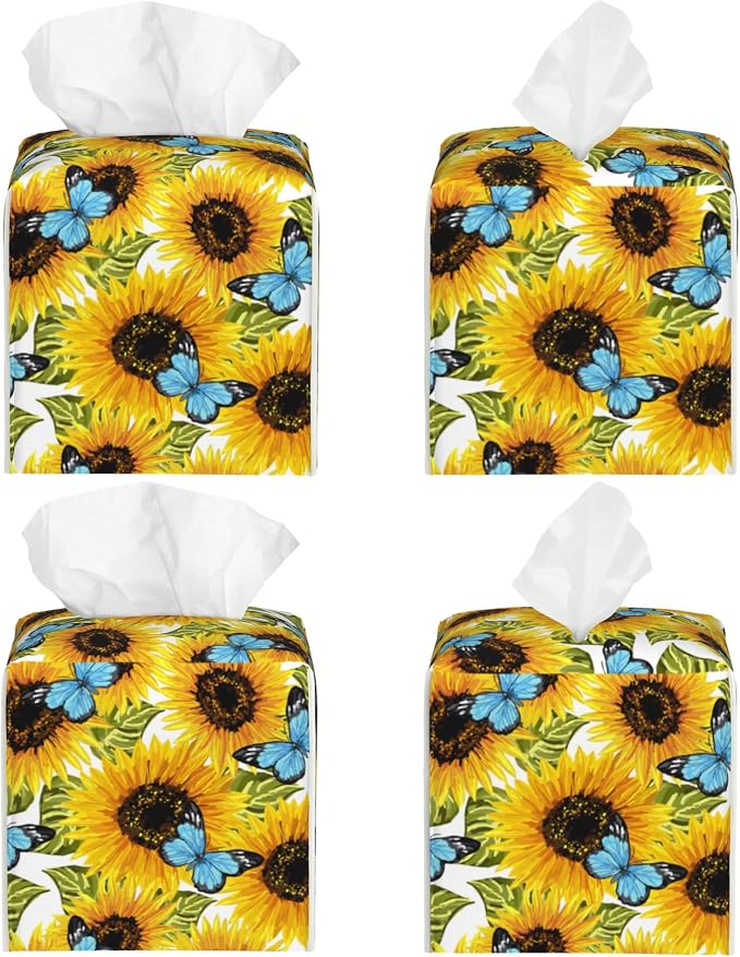 Sunflowers and Blue Butterflies Tissue Box Cover Square, Watercolor Sunflower - Image 2