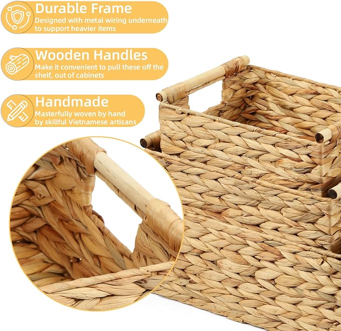 Wicker Storage Baskets for Organizing 3 Pack, Natural Water Hyacinth Ratten - Image 3
