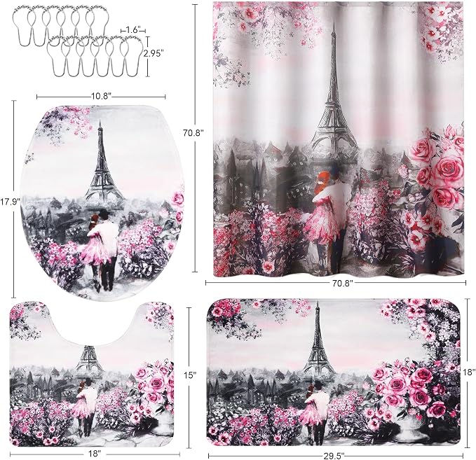 Bathroom Accessories Set with Shower Curtain Bath Rugs Pink Paris Bathroom - Image 8
