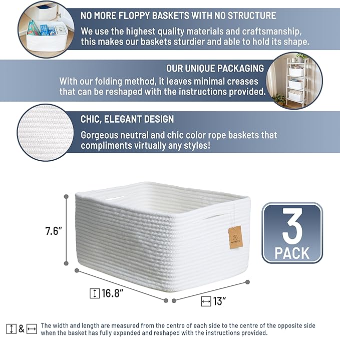 NaturalCozy Storage Baskets 16.8”x13”x7.6” Cotton Rope Woven Baskets - Image 2