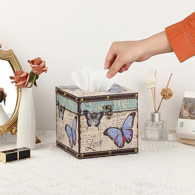 Sumnacon Tissue Box Retro Wood Square Tissue Box Cover Vintage Cube Tissue Box - Image 2