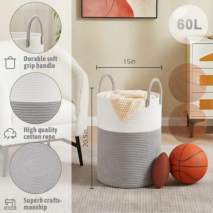 Laundry Basket, Woven Cotton Rope Laundry Hamper, 60L - Image 6
