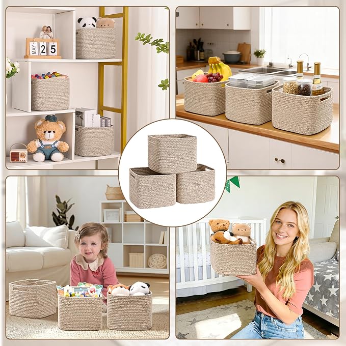 3 Pack Cube Storage Bin, 9”x9”x7” Cotton Rope Woven Baskets - Image 8