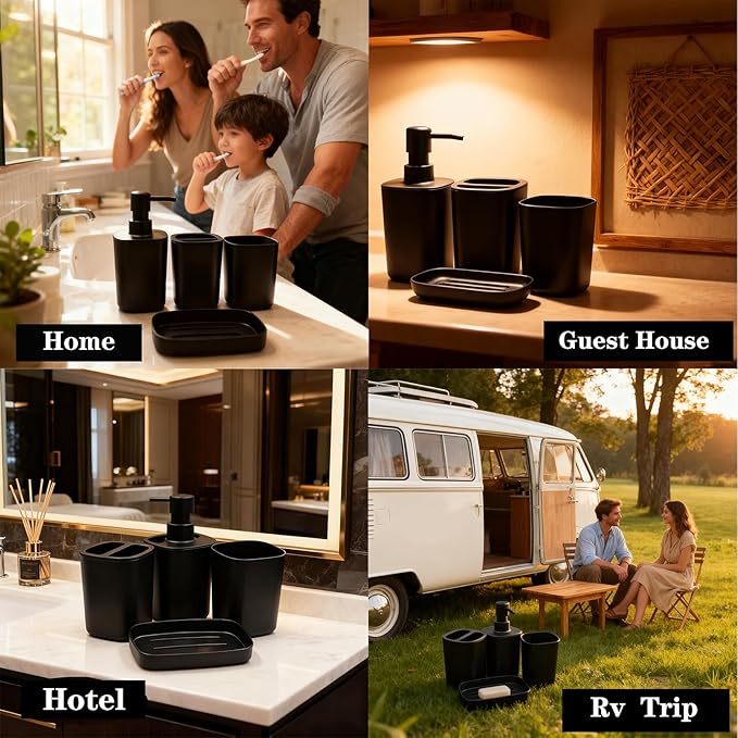 Matte Black Bathroom Accessory Set, 4-Piece Plastic Bathroom Accessory Set - Image 6