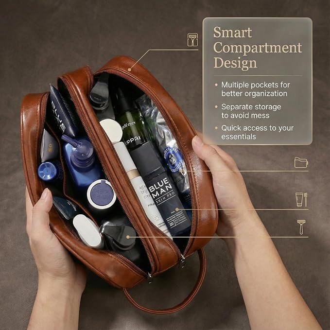 Men’s Toiletry Bag Travel Dopp Kit – double-deck PU Leather Water-Resistant - Image 5