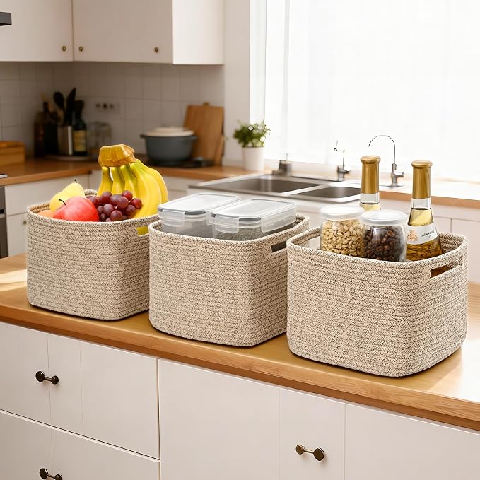 3 Pack Cube Storage Bin, 9”x9”x7” Cotton Rope Woven Baskets - Image 6