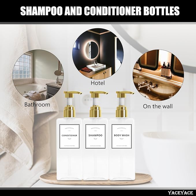 Shampoo Dispenser Bottles with Gold Pump, YACEYACE 16.9oz Set of 3 Clear - Image 7