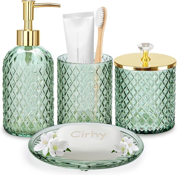 Green Bathroom Accessories 4Pcs of Glass Bathroom Counter Organizer Set by Cirhy