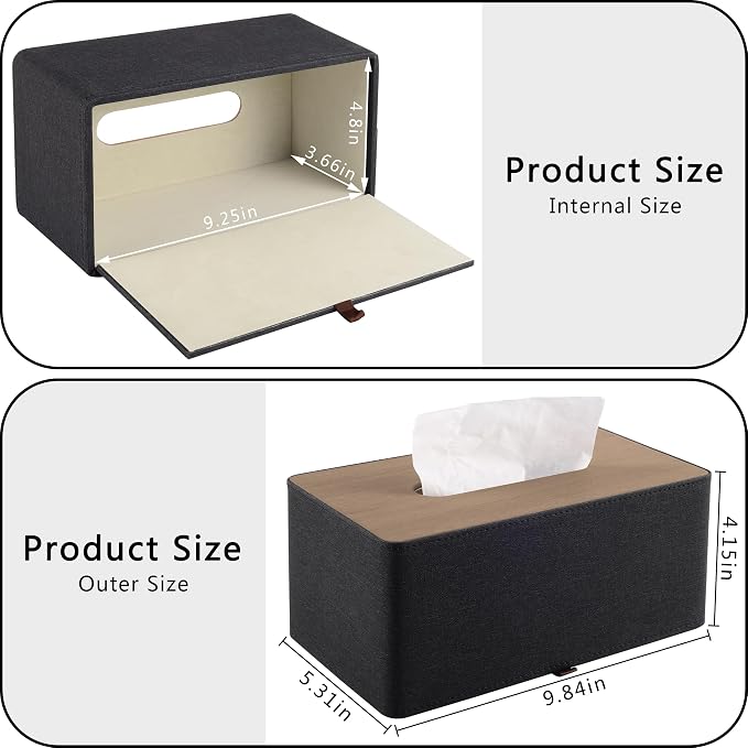 High-end Pu Leather Tissue Box Holder Two Color Combination-Linen and Wood Grain - Image 5