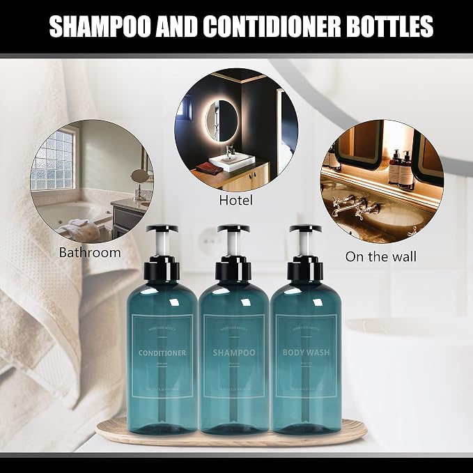 Shampoo Bottles with Pump, YACEYACE 3Pcs 16.9oz Blue Clear Empty Shampoo and - Image 7