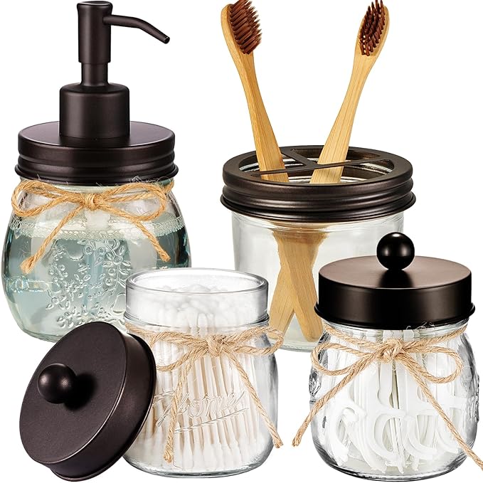 Amolliar Mason Jar Bathroom Accessories Set 4 Pcs -Lotion Soap Dispenser & 2 by Amolliar