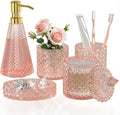 Pink Glass Bathroom Accessories Set 5 Pcs, Soap Dispenser and Toothbrush Holder by QIQU