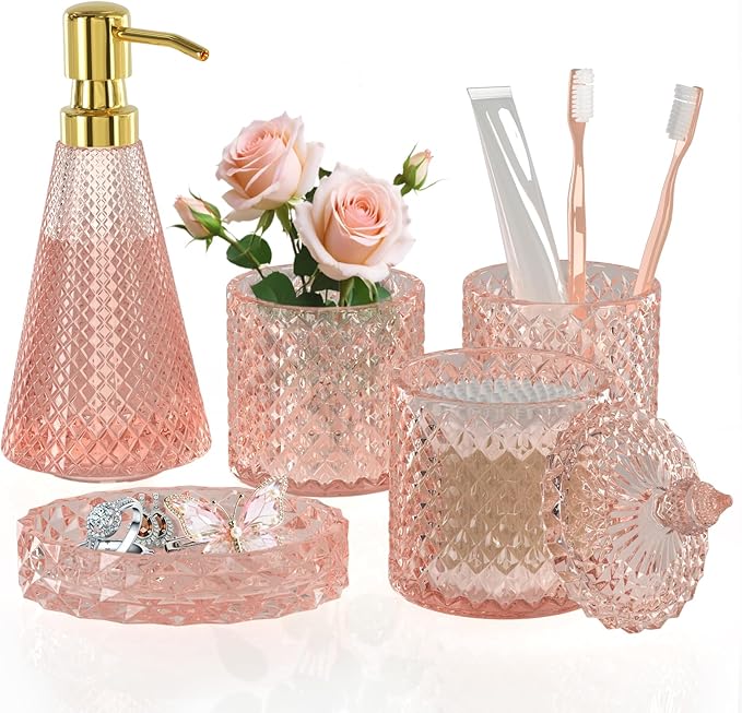 Pink Glass Bathroom Accessories Set 5 Pcs, Soap Dispenser and Toothbrush Holder by QIQU