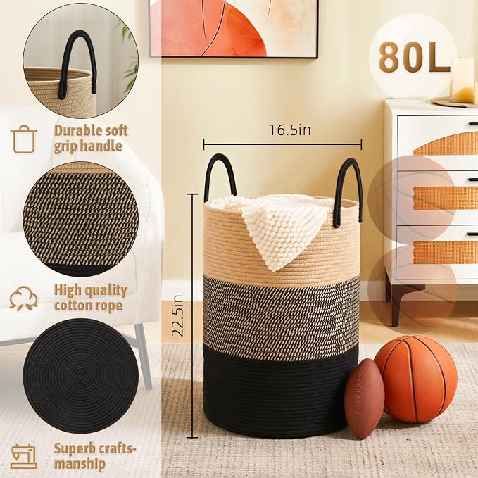 Laundry Basket, Woven Cotton Rope Laundry Hamper, 80L - Image 6