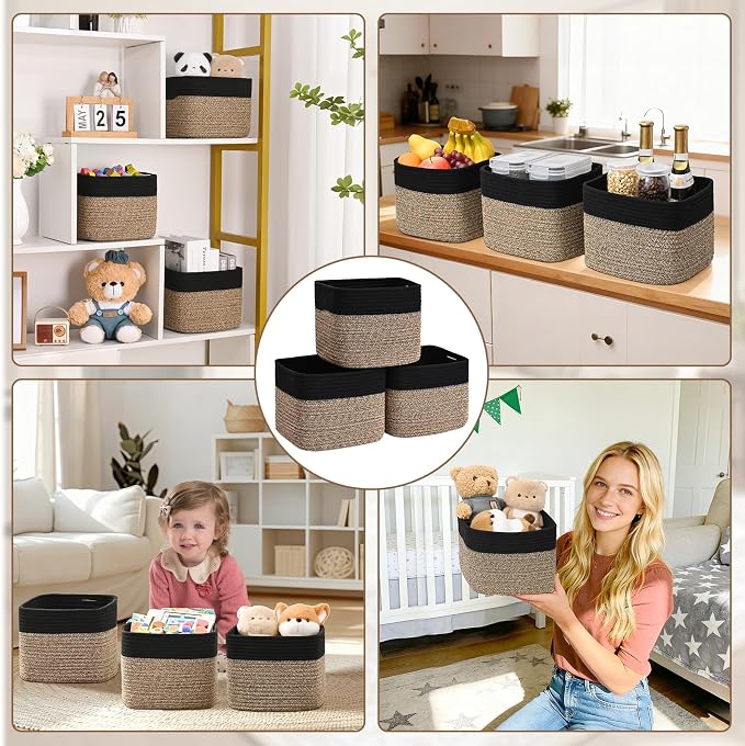 3 Pack Cube Storage Bin, 9”x9”x7” Cotton Rope Woven Baskets - Image 8