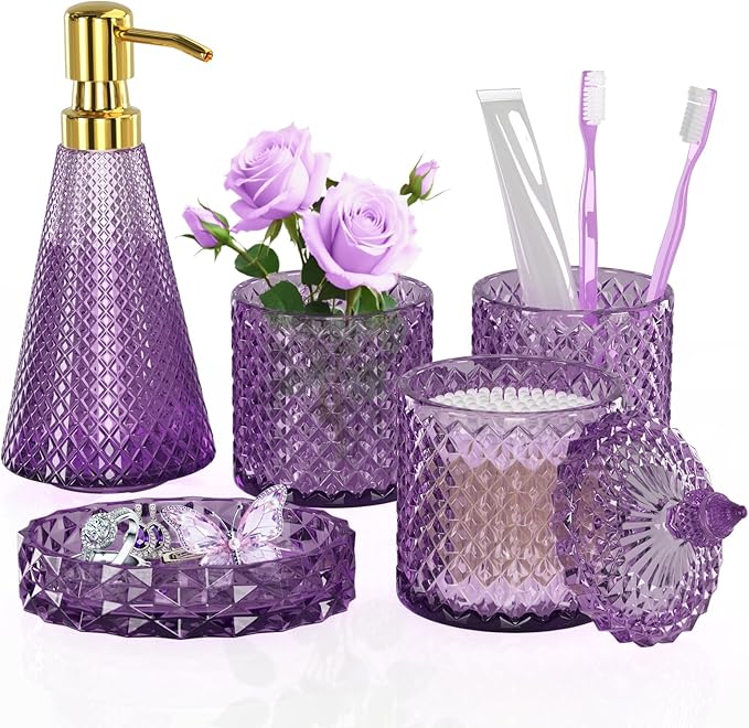 Purple Glass Bathroom Accessories Set 5 Pcs, Soap Dispenser and Toothbrush by QIQU
