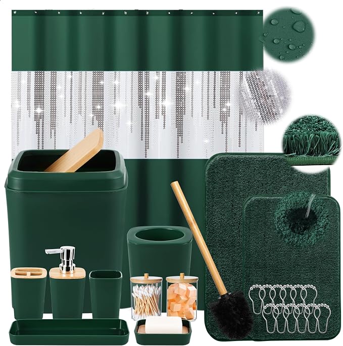 Dark Green Bathroom Sets with Shower Curtain and Rugs, Bathroom Sets Shower by BetterbathroomwithXLHOME