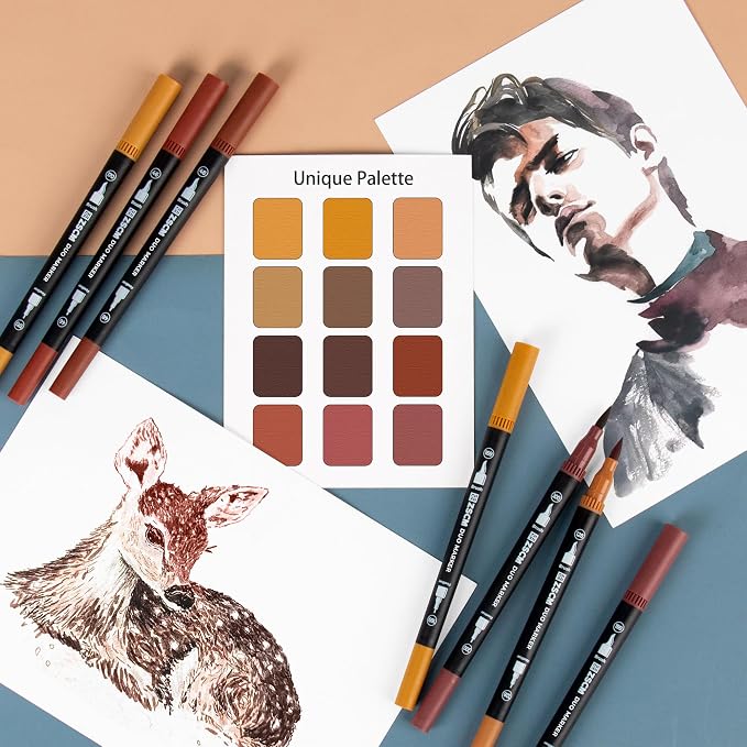 Brown Duo Tip Marker Pens, 12 Pack Fine & Brush Markers - Image 5