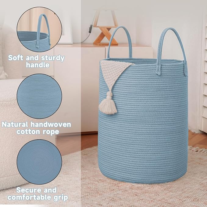 Large Woven Laundry Basket Hamper, 100L Cotton Rope Storage Bin - Image 6