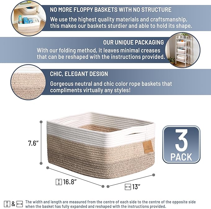 NaturalCozy Storage Baskets 16.8”x13”x7.6” Cotton Rope Woven Baskets - Image 2