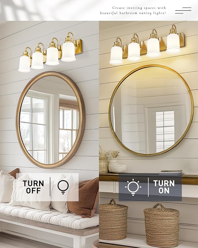 Bathroom Light Fixtures 4-Lights, HWH Brushed Gold Vanity Light Modern Bathroom - Image 5