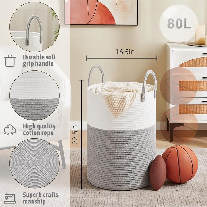 Laundry Basket, Woven Cotton Rope Laundry Hamper, 80L - Image 6