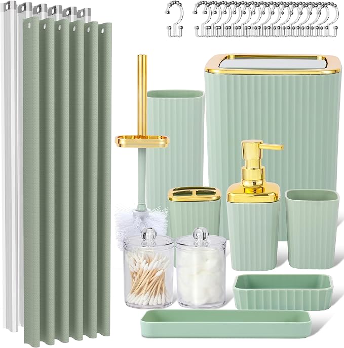 LightGreen Bathroom Set, Trash Can, Toothbrush Holder, Soap Dispensers by Viowil
