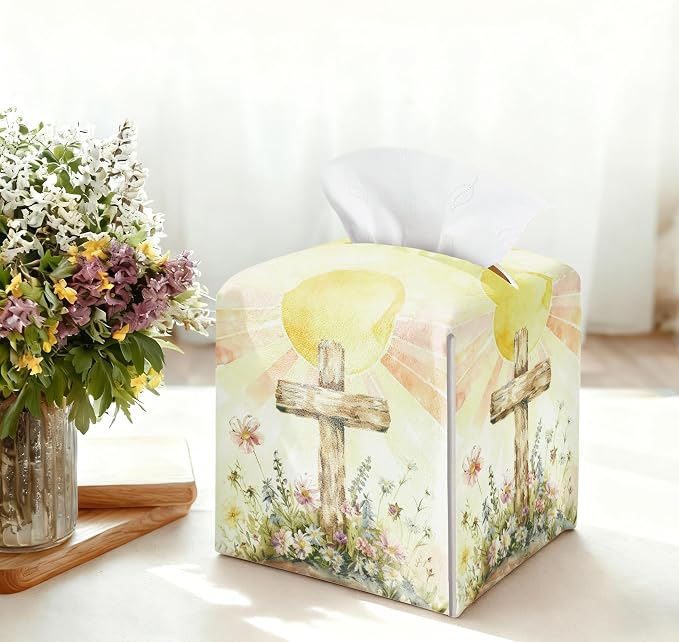 Cross and Wildflowers Tissue Box Cover Square, Religious Easter Waterproof - Image 3