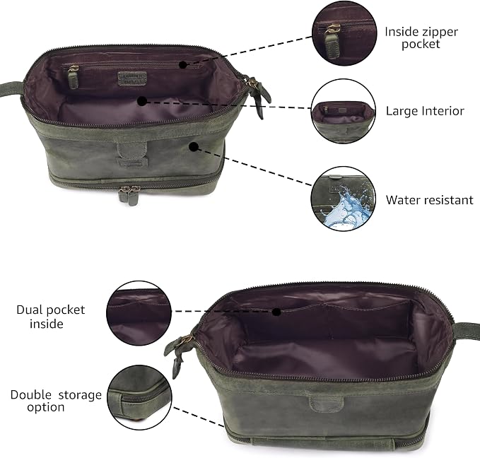 LEATHER VILLAGE Genuine Leather Dopp Kit – Large Travel Toiletry Bag - Image 4