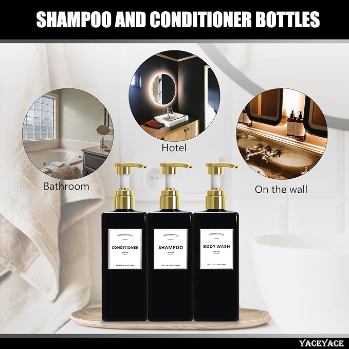 Black Shampoo Bottles with Gold Pump YACEYACE 16.9oz Set of 3 Shampoo and - Image 7