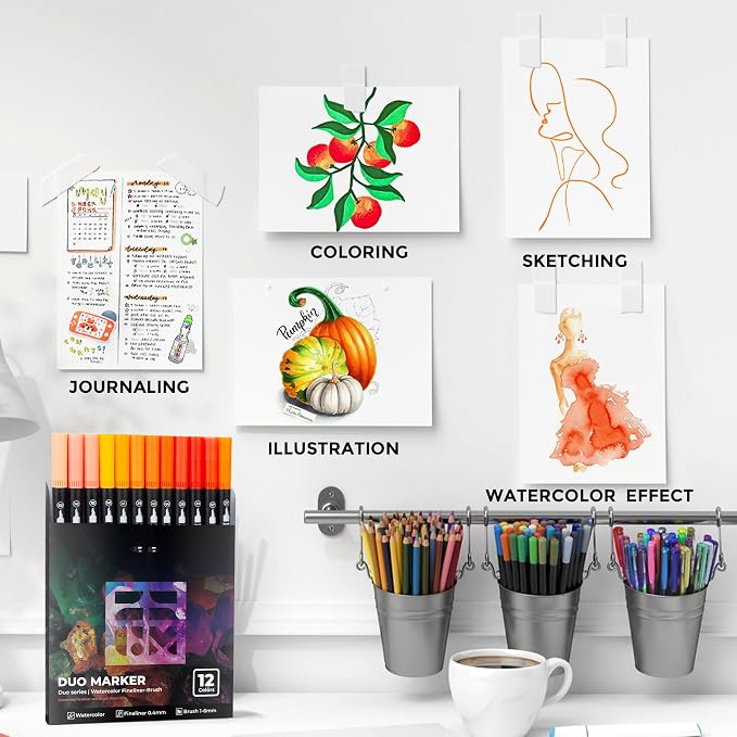Orange Duo Tip Marker Pens, 12 Pack Fine & Brush Markers - Image 6