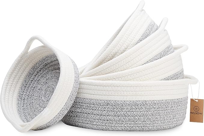 NaturalCozy 5-Piece Round Small Woven Baskets Set– Cotton Rope Baskets by NaturalCozy