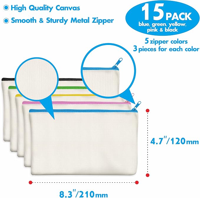 15 Pack Blank Cotton Canvas DIY Craft Zipper Bags Pouches Pencil Case - Image 3