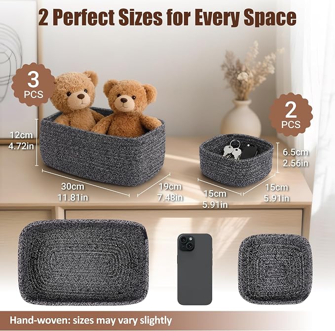 5-Pack Small Woven Rope Storage Baskets – 2 Sizes Organizer Bins - Image 2