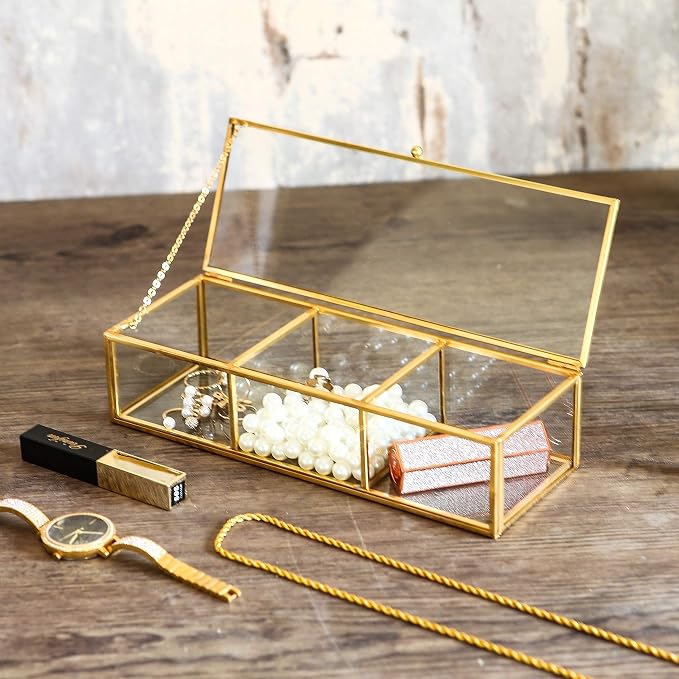 Vintage Golden Glass Lidded Box Clear Glass & Brass Metal Storage Jewelry and - Image 6