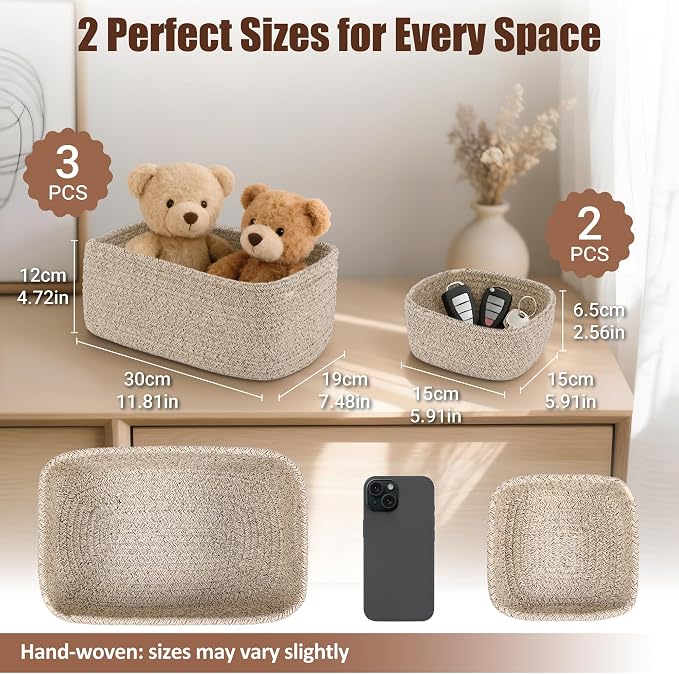 5-Pack Small Woven Rope Storage Baskets – 2 Sizes Organizer Bins - Image 2