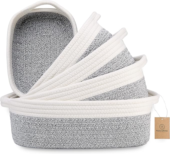 NaturalCozy 5-Piece Rectangle Storage Basket Set- Natural Cotton Rope Woven by NaturalCozy