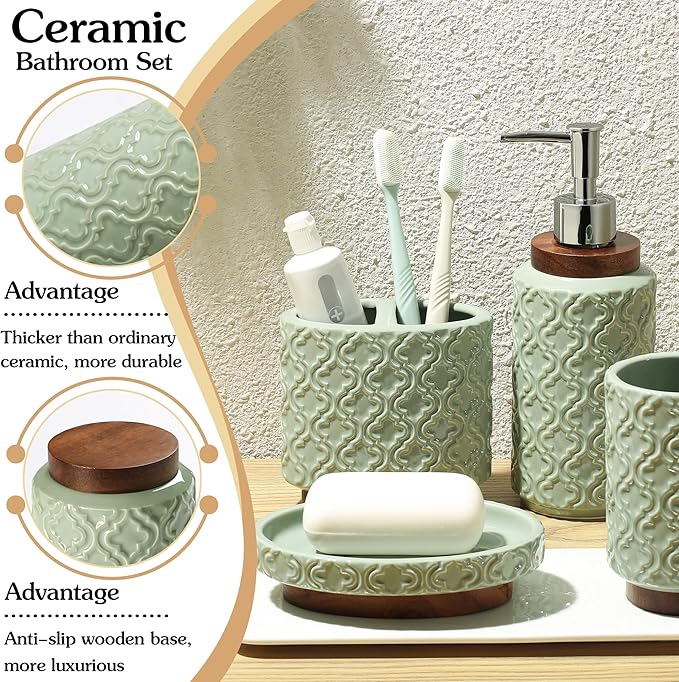 Elegant Bathroom Accessories Set 6 PCS Ceramic and Wood Bathroom Accessory Set - Image 6