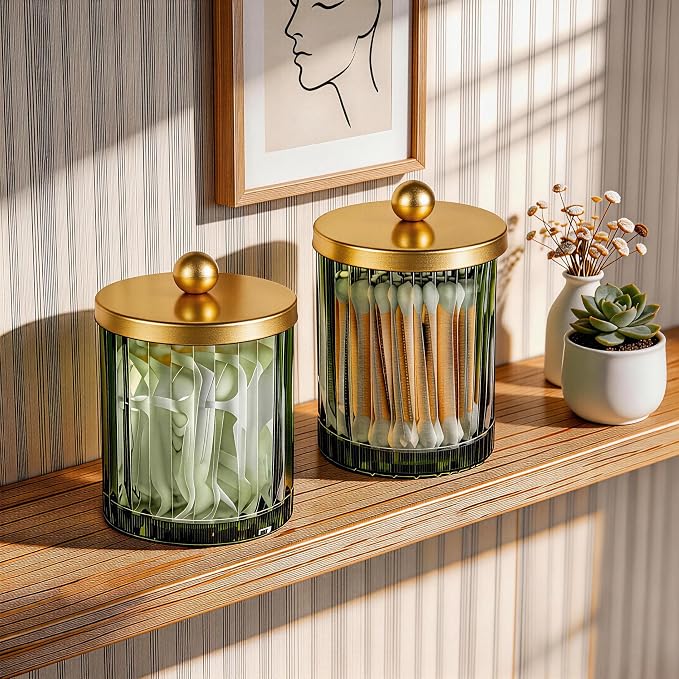 Amolliar Sage Green Glass Qtip Holder Dispenser, Bathroom Canister Apothecary - Image 7